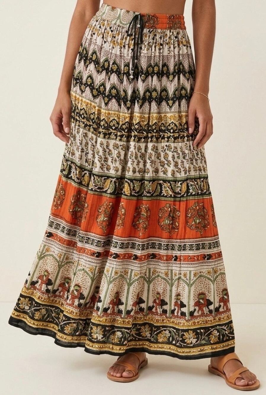 Funky People Maxi Skirt Free Size Boho Hippie Floral Elephant Print Cotton Rayon